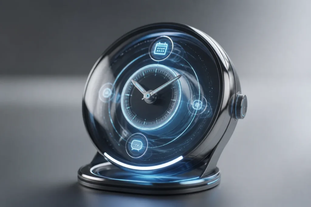 A single sleek futuristic smart desk clock as the sole object, metallic and glass, displaying holographic translucent rings and tiny abstract symbol g...