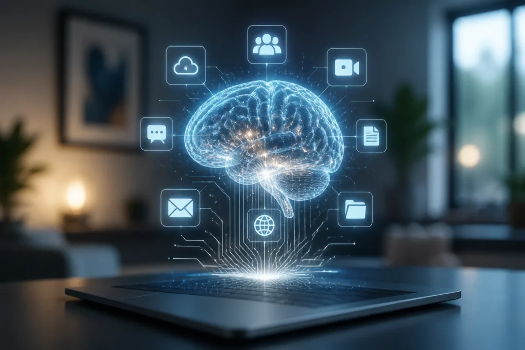 Holographic neural brain hovering above a minimalist laptop keyboard, glowing circuits forming icons of collaborative tools; visual metaphor for machi...