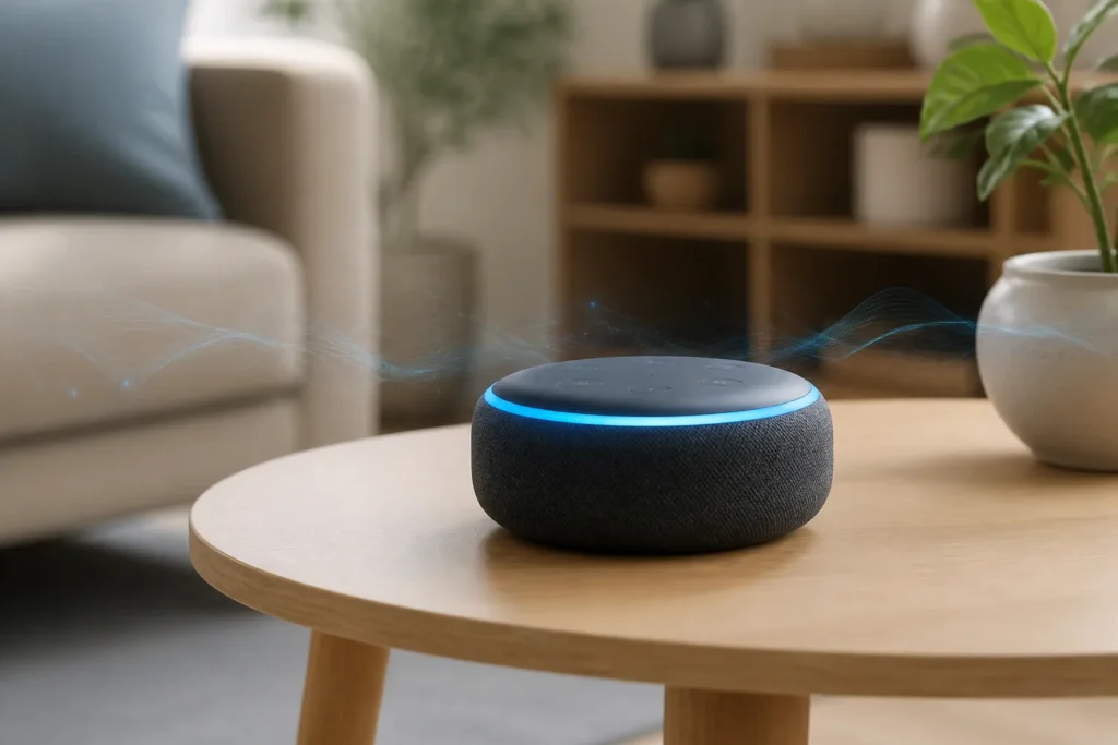 How AI is Revolutionizing Home Automation - Photorealistic close-up of a single modern smart speaker on a minimalist wooden side table in a contemporary living room, soft natural light, subtle h...