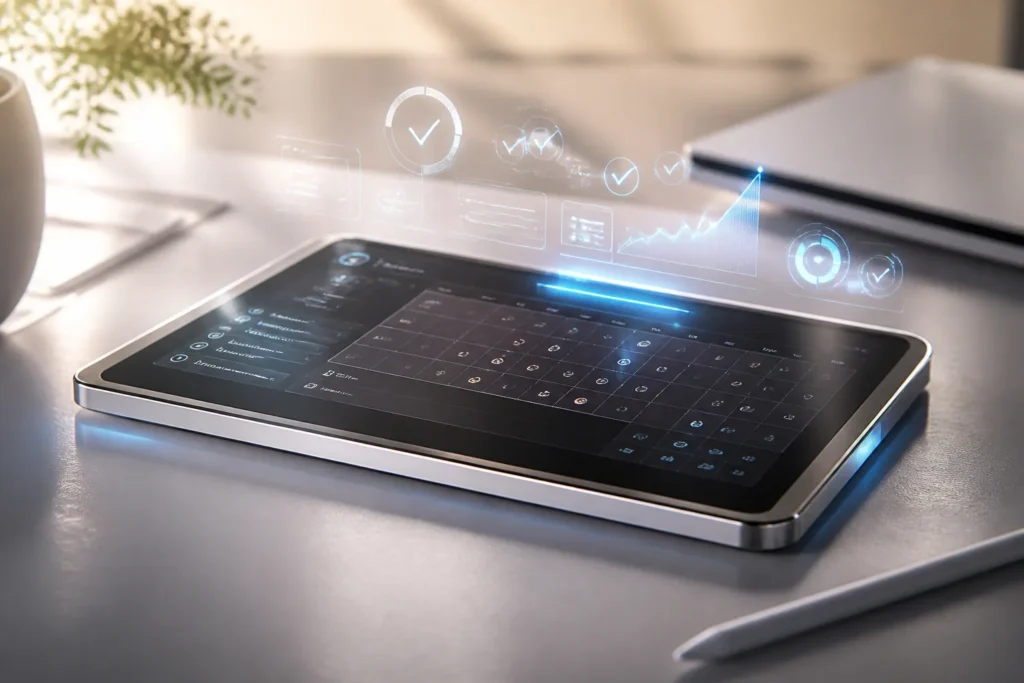 How to Use AI to Improve Your Daily Productivity - Photorealistic single object: a sleek touchscreen smart planner tablet on a minimalist desk, soft warm morning light, subtle holographic task icons an...
