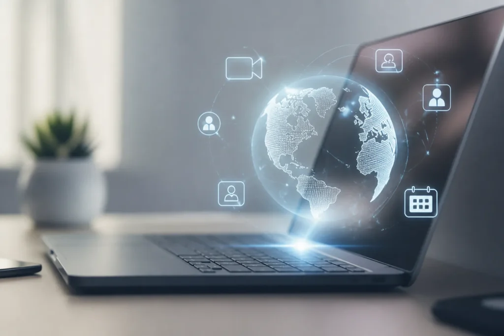 Photo-realistic close-up of a sleek modern laptop on a minimalist desk, screen projecting a translucent holographic globe and floating connectivity ic...
