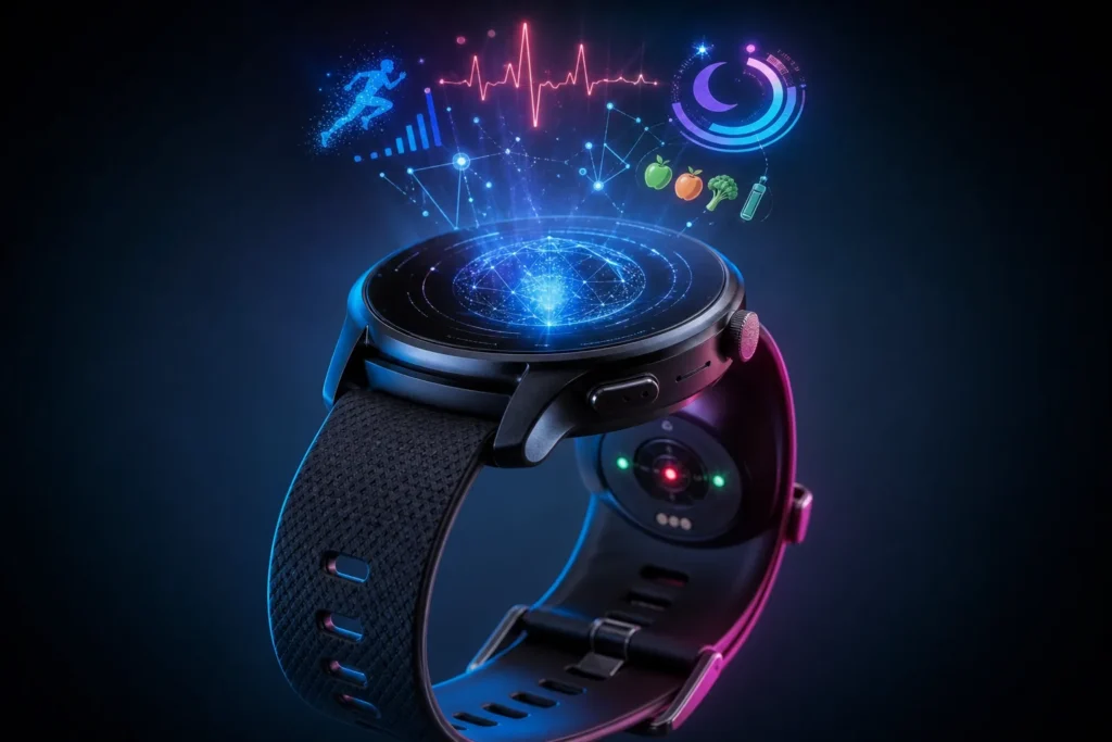 A single modern smartwatch floating on a dark gradient background, illuminated by soft blue and magenta rim light; visible sensors and textured band,...