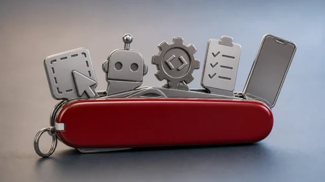 A single polished Swiss Army knife centered on a soft gradient background, realistic and high-detail. Each folded tool is a stylized symbol: a drag-an...