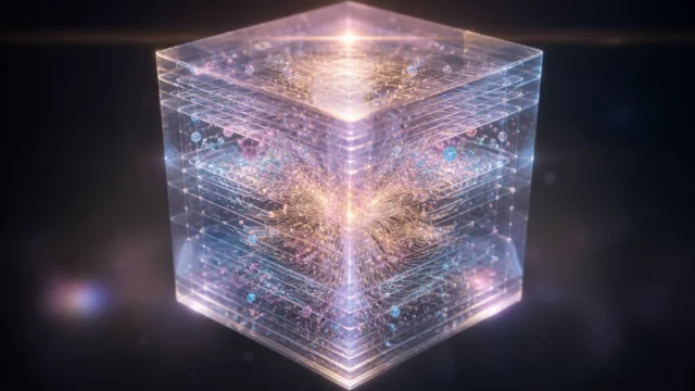 A single translucent layered crystal cube floats center on a dark soft-gradient background. Inside, delicate glowing filaments weave between thousands...