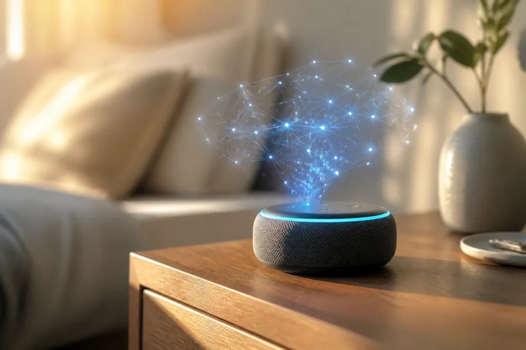 Best Practices for Using AI in Your Daily Life - Photorealistic single modern smart speaker on a wooden bedside table, warm morning light, subtle holographic neural network glow hovering above the sp...