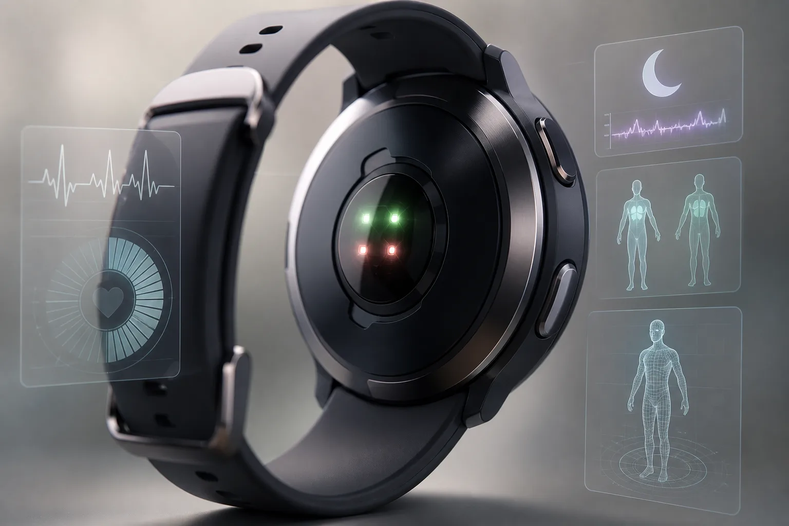 Close-up of a modern smartwatch with translucent overlay of biometric indicators: heartbeat waveform, HRV radial graph, sleep crescent, body compositi...