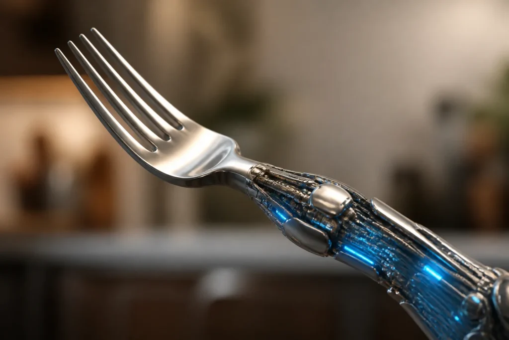 Close-up of a single hybrid utensil: a stainless steel fork whose handle morphs into a sleek circuit-board robotic arm, with subtle blue LED glow, ref...