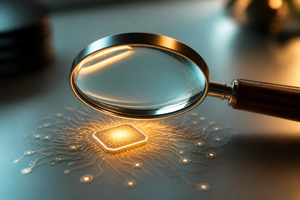 Close-up of a single magnifying glass hovering above a glowing stylized AI circuit node on a minimalist desk, warm soft studio lighting, high-detail p...