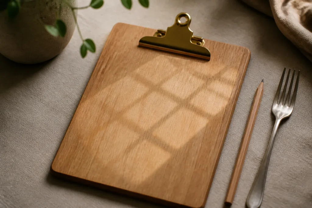 Close-up of a single wooden meal-planning clipboard on a neutral table: blank paper removed so no text, pencil and single fork beside it, soft natural...
