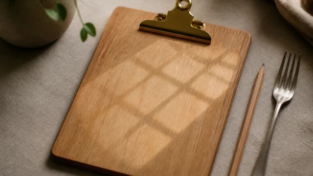 Close-up of a single wooden meal-planning clipboard on a neutral table: blank paper removed so no text, pencil and single fork beside it, soft natural...