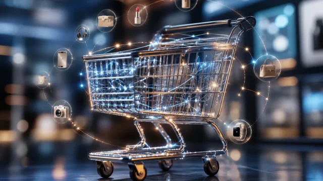 Close-up of a sleek shopping cart as a single focal object, its metal frame overlaid with glowing neural network lines and small floating product icon...