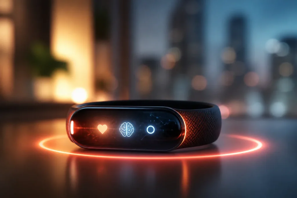 Close-up of a sleek wearable smart wristband with glowing sensor icons and subtle neural-network light patterns reflected on its surface, set against...