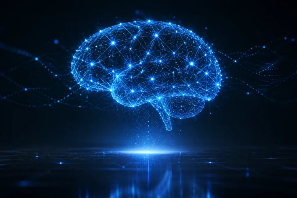 Holographic neural-network brain composed of glowing nodes and connecting lines, formed from abstract, non-legible code-like particles and flowing dat...