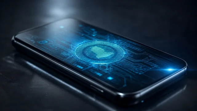 Hyperreal close-up of a modern smartphone as the single central object, screen glowing with embedded holographic circuitry and a subtle coin-shaped ho...