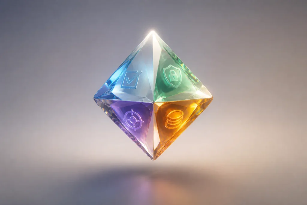 Minimalist featured image: a single polished multifaceted gem hovering at center, four distinct colored facets softly glowing to symbolize task, accur...