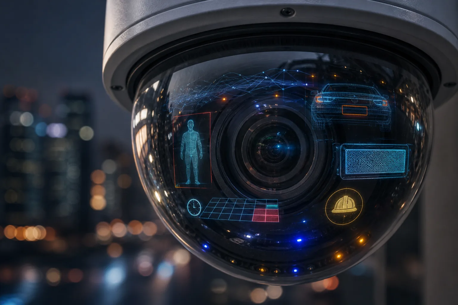 Photorealistic close-up of a modern AI security camera lens with subtle holographic overlays: silhouettes of a person and vehicle, a license-plate pat...