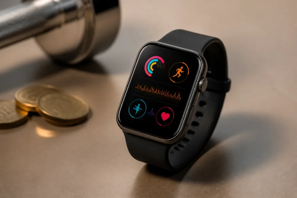 Photorealistic close-up of a sleek fitness smartwatch resting on a neutral matte surface, screen glowing with abstract colorful app glyphs and tiny gr...