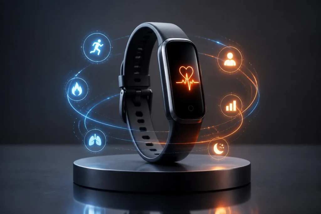Photorealistic close-up of a sleek smart fitness band on a minimalist pedestal, glowing holographic arcs and biometric icons orbiting around it to sug...