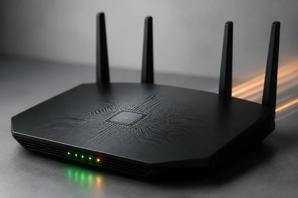 Photorealistic close-up of a sleek smart router device as a single object, matte black casing, subtle glowing LED indicators showing green and amber,...