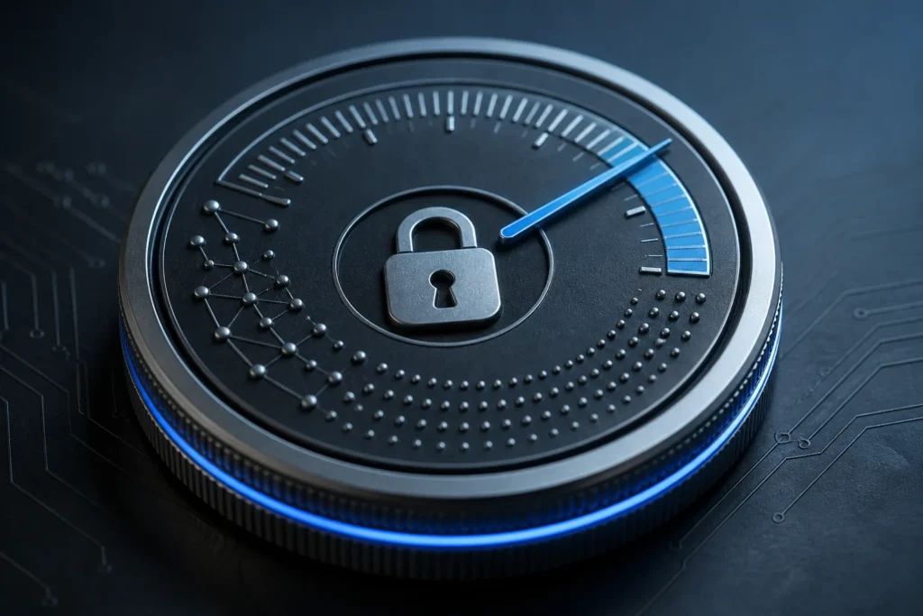 Single futuristic AI chip sculpted as a circular dial merging a speedometer, accuracy needle, padlock emblem and tiny token counter engravings, repres...