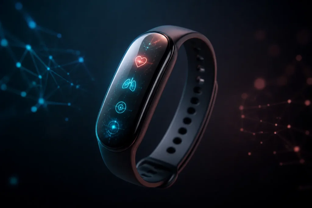 The Future of AI in Personal Fitness and Wellness - Single futuristic smart fitness wearable (sleek smartwatch/band) floating on dark gradient background, soft ambient light, subtle glowing neural netwo...