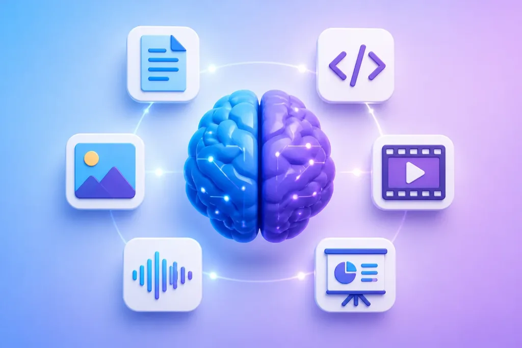 What types of content can AI-powered applications create, and which formats does each tool support?